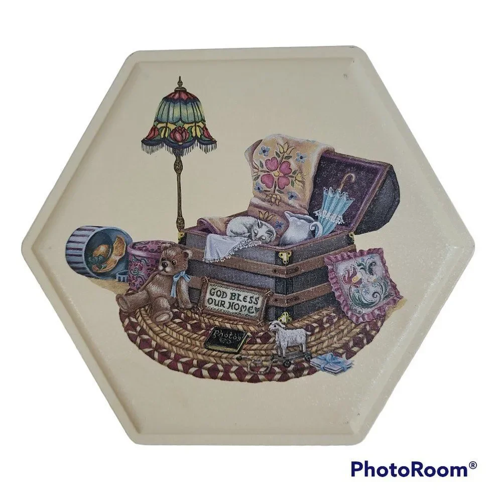 Vintage Tin God Bless Our Home Teddy Bear Cat Trunk Victorian Elements Cute!